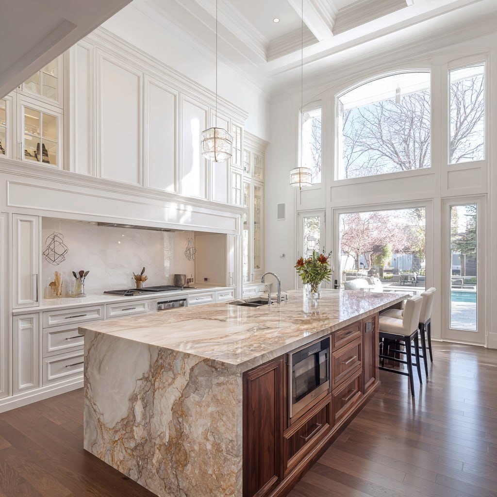 Traditional luxury white kitchen with two-tone walnut and marble island, coffered ceiling, and double-height windows in a GTA estate home