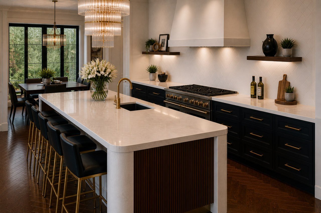 Custom black and white luxury kitchen with quartz waterfall island, brass hardware, and professional gas range in a Toronto home renovation