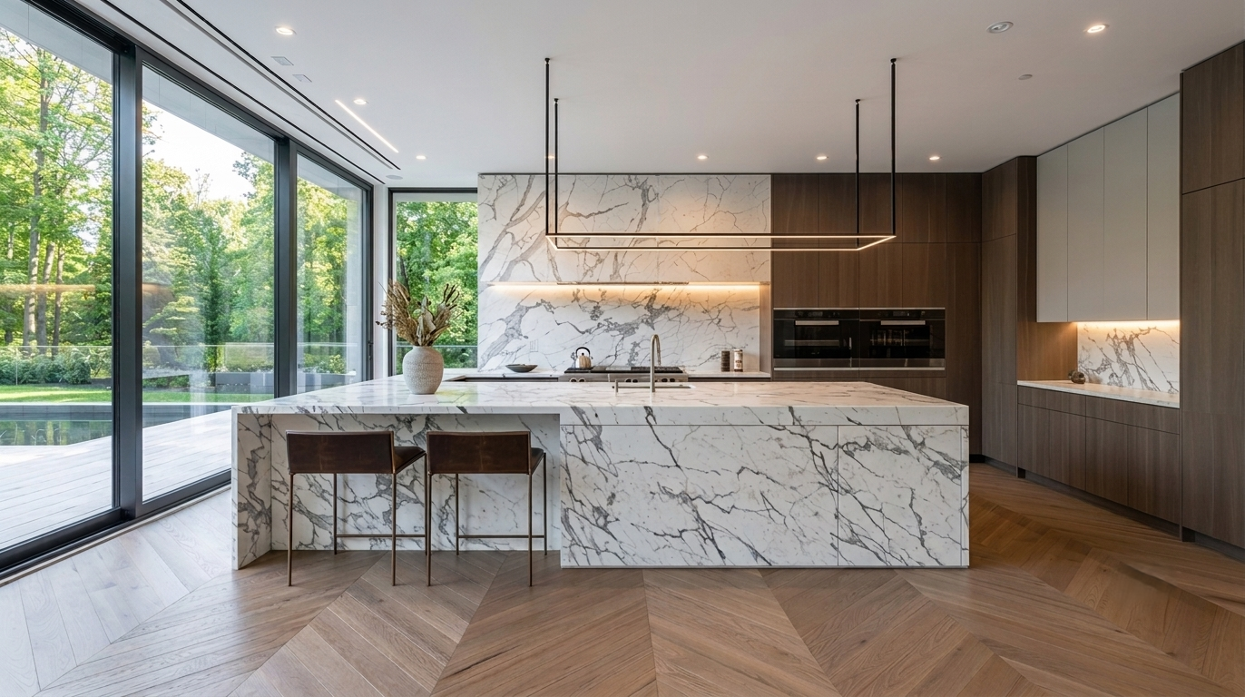 Bespoke custom kitchen with marble waterfall island in a luxury Toronto home