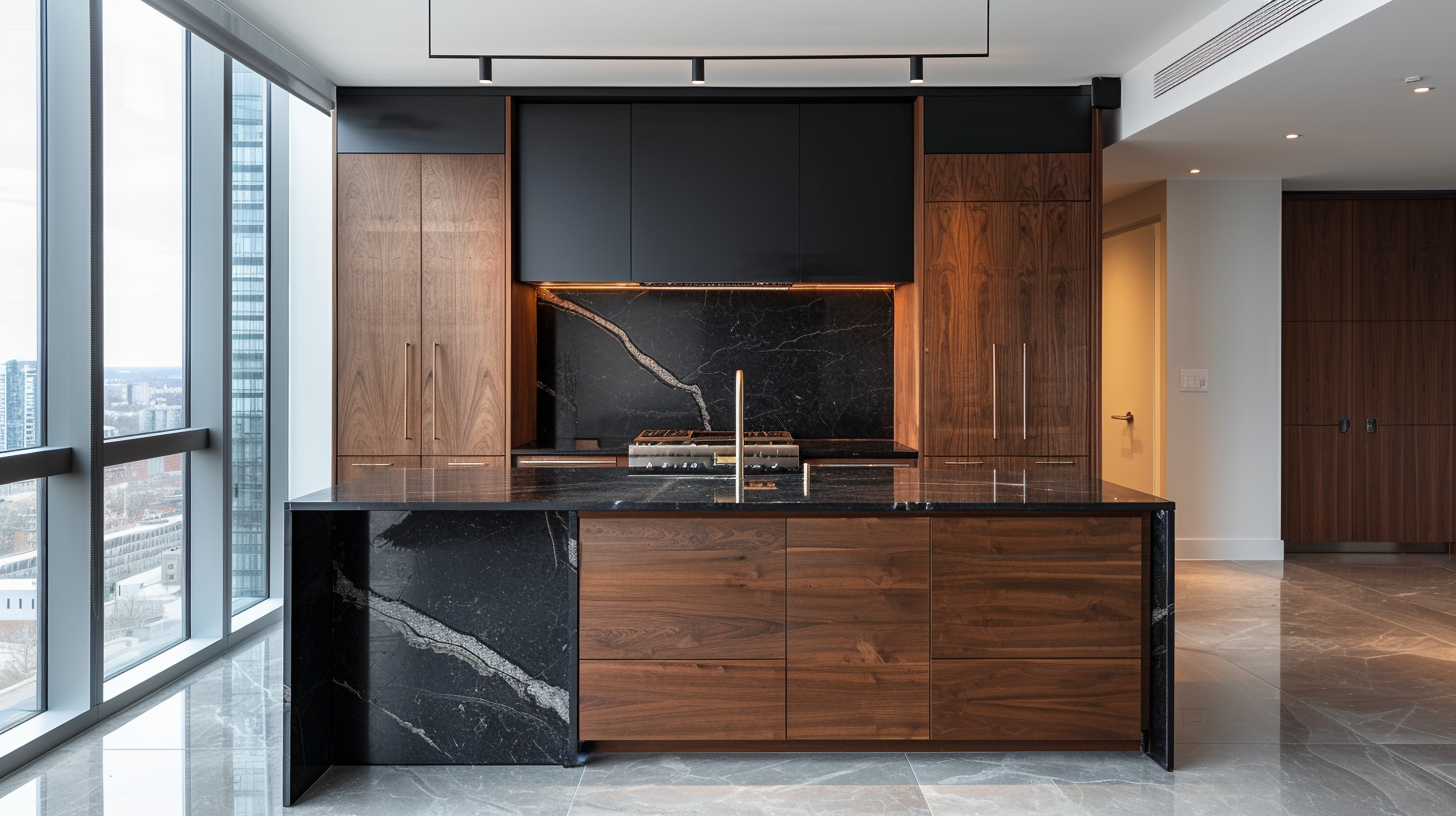 Premium condominium kitchen with bespoke cabinetry and skyline views in a Toronto high-rise