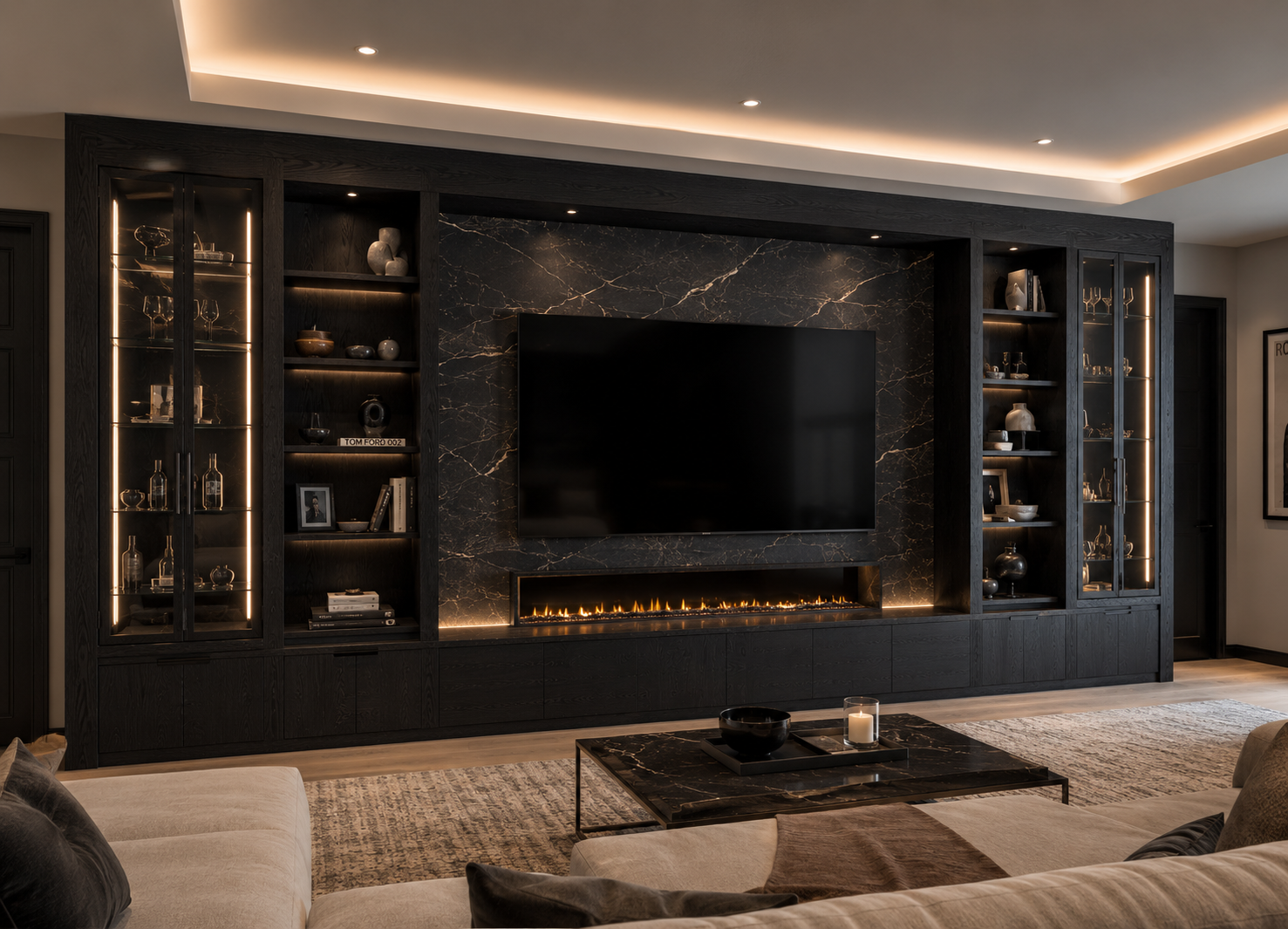 Architectural wall paneling and built-in media unit with linear fireplace in a luxury Ontario living room