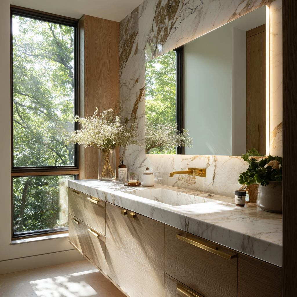 Custom floating oak vanity with stone countertop in a luxury Toronto bathroom